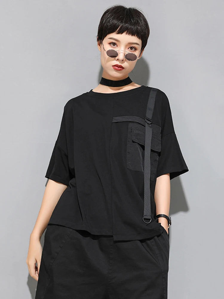 Women Black Ribbon Pocket Big Size Casual T-shirt New Round Neck Short Sleeve Fashion Tide Spring Summer 2025 1DJ1779