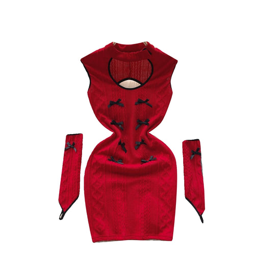 Load image into Gallery viewer, Christmas Atmosphere Sweet Party Sexy Club Women Wrapped Hip Short Dress Spring Summer Red Patchwork Hollow Out Bow Short Dress
