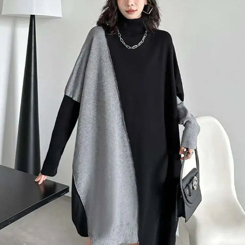 Load image into Gallery viewer, Women Gray Color-block Big Size Irregular Knitting Dress New Turtleneck Long Sleeve Fashion Spring Autumn 2025 1DH6561
