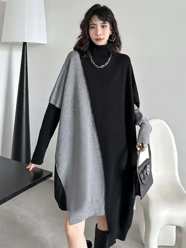 Women Gray Color-block Big Size Irregular Knitting Dress New Turtleneck Long Sleeve Fashion Spring Autumn 2025 1DH6561