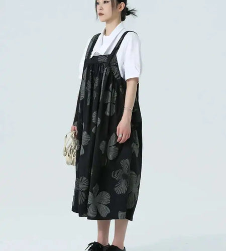 Women Black Pattern Printed Big Size Strap Dress New Square Collar Sleeveless Fashion Tide Spring Autumn 2025 1DH4956