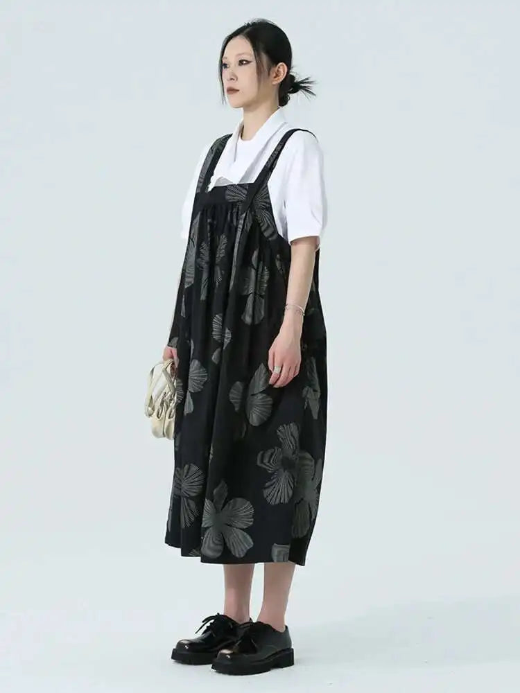 Women Black Pattern Printed Big Size Strap Dress New Square Collar Sleeveless Fashion Tide Spring Autumn 2025 1DH4956