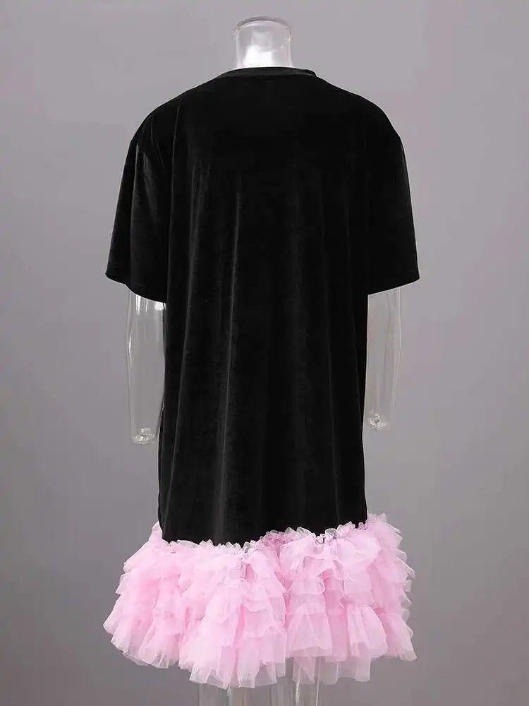 Women Green Mesh Ruffles Hem Big Size Knee-Length Dress New Round Neck Short Sleeve Fashion Spring Summer 2025 CPG2904