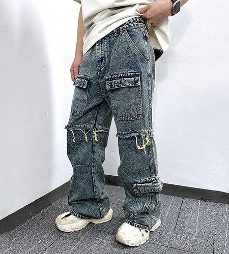 Men's Jeans Washed Denim Pants Multiple Pockets Stitched Edges Distressed Design Male Trousers Summer Overalls 9W1771