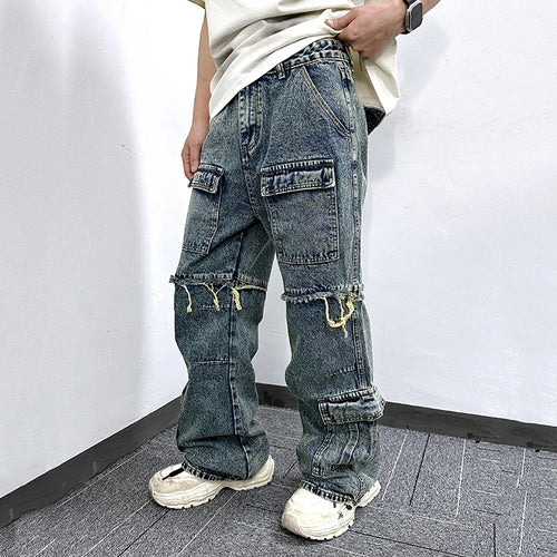 Load image into Gallery viewer, Men's Jeans Washed Denim Pants Multiple Pockets Stitched Edges Distressed Design Male Trousers Summer Overalls 9W1771
