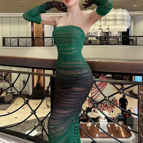 Load image into Gallery viewer, Mesh Gradient Patch Women's Dress Modified Bodycon Strapless Split Double Layer Midi Vesidos Party Club Evening Dress
