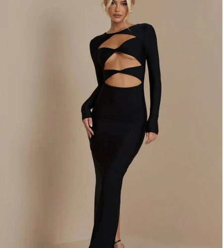 Autumn/winter Women Fashionable Hollow Out Long Sleeved Slim Sexy Dress Bodycon Elegant Party Club Evening Dress 2024