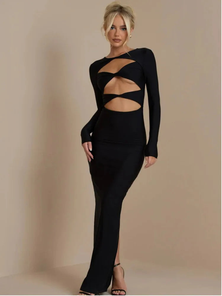 Autumn/winter Women Fashionable Hollow Out Long Sleeved Slim Sexy Dress Bodycon Elegant Party Club Evening Dress 2024