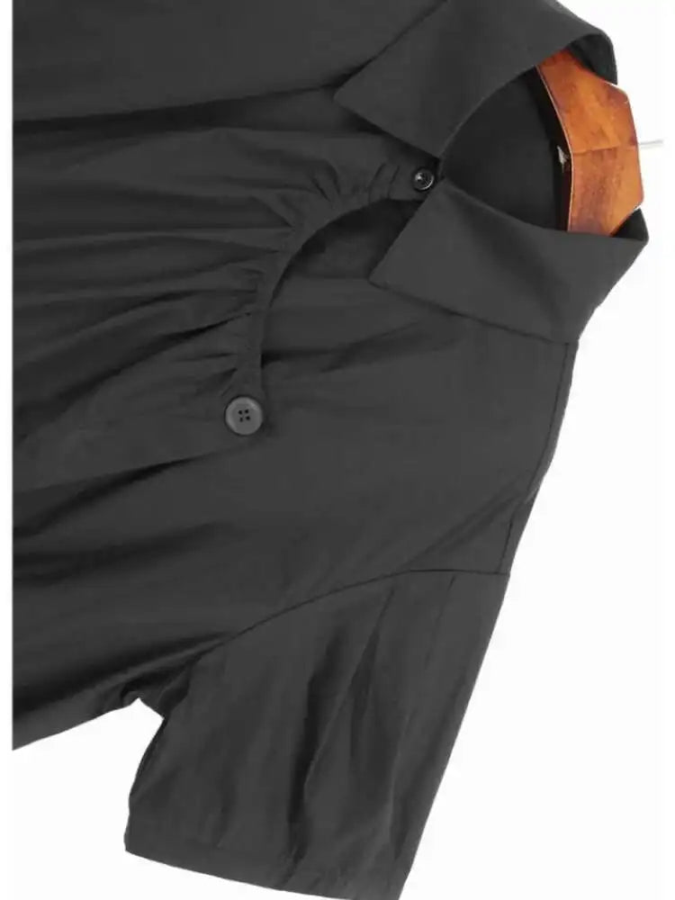 Women Black Irregular Pleated Big Size Casual Blouse New Lapel Short Sleeve Shirt Fashion Tide Spring Summer 2025 1DJ0132