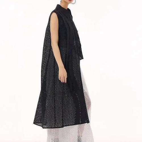 Load image into Gallery viewer, Women White Hollow Out Big Size Long Elegant Shirt Dress New Lapel Sleeveless Fashion Tide Spring Autumn 2025 1DH9424
