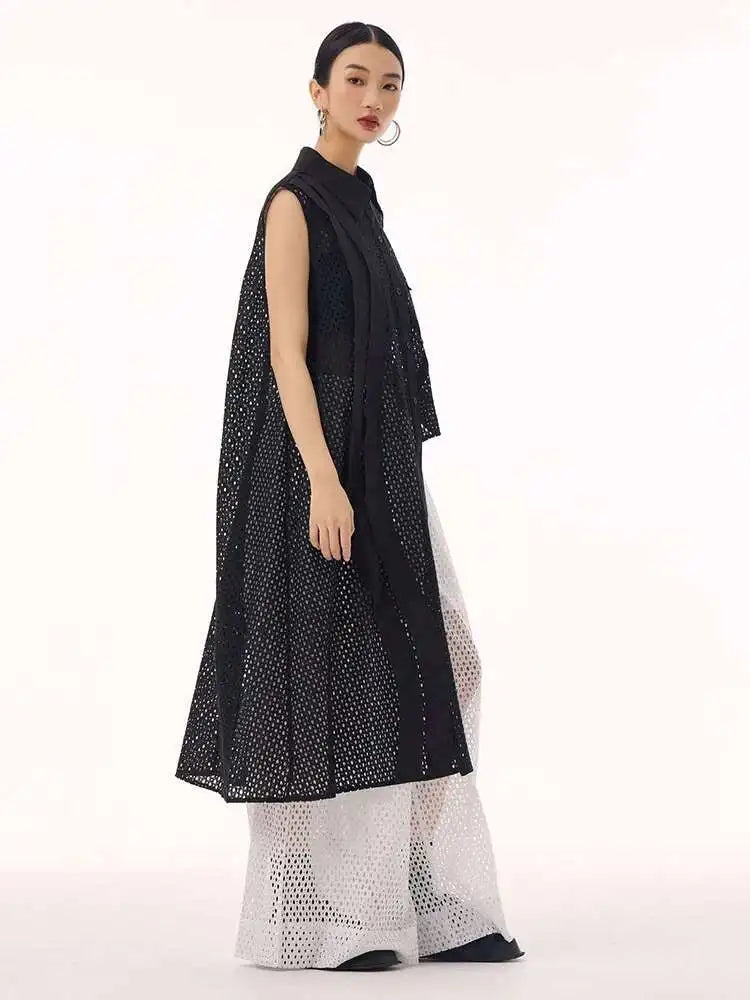 Women White Hollow Out Big Size Long Elegant Shirt Dress New Lapel Sleeveless Fashion Tide Spring Autumn 2025 1DH9424