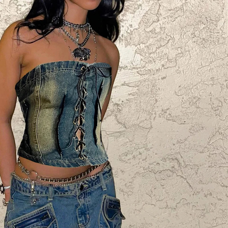 Streetwear Straples Bodycon Denim Top Female Distressed Stitch Lace Up Sexy Tube Top Summer Club Party Y2K Hottie New