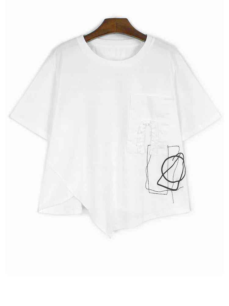 Women Khaki Irregular Embroidery Big Size Casual T-shirt New Round Neck Short Sleeve Fashion Spring Summer 2025 1DJ0588