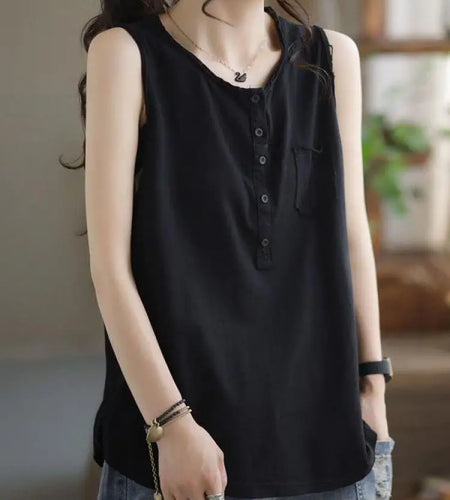 Women's Black Casual Loose Pocket Vest Summer Fashion Brown Sleeveless Buttons Bottoming Tops Large Size Versatile Trendy Tanks