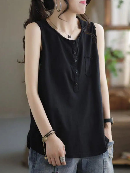 Women's Black Casual Loose Pocket Vest Summer Fashion Brown Sleeveless Buttons Bottoming Tops Large Size Versatile Trendy Tanks