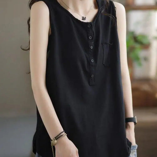 Load image into Gallery viewer, Women&#39;s Black Casual Loose Pocket Vest Summer Fashion Brown Sleeveless Buttons Bottoming Tops Large Size Versatile Trendy Tanks
