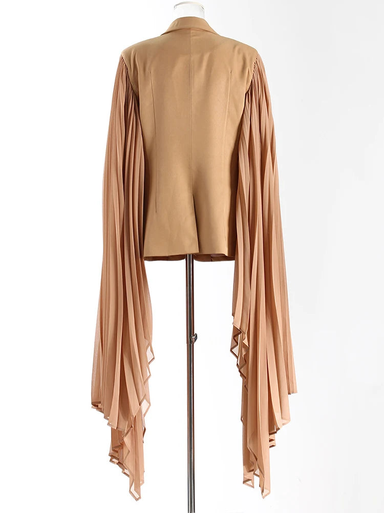 Women Khaki Pleated Irregular Elegant Blazer New Lapel Long Ruffles Sleeve Jacket Fashion Tide Spring Autumn 2025 1DH6395