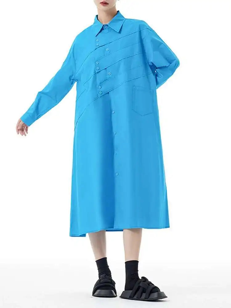 Women Rose Red Button Design Big Size Midi Shirt Dress New Lapel Long Sleeve Fashion Tide Spring Autumn 2025 1DH5165