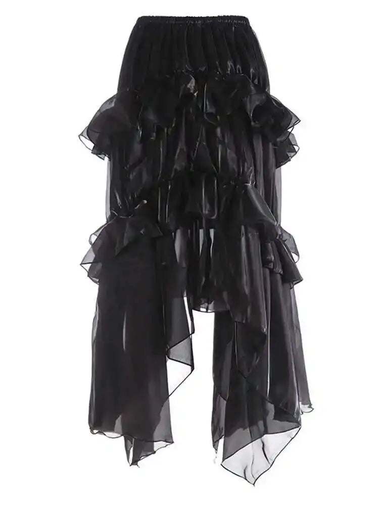 High Elastic Waist Brown Organza Glossy Ruffled Asymmetrical Half-body Skirt Women Fashion New Spring Autumn 2025 1DJ0073