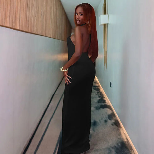 Load image into Gallery viewer, Halter Hollow Out Sexy Maxi Dress For Women Gown Fashion Off-shoulder Sleeveless Backless Bodycon Beach Club Dress
