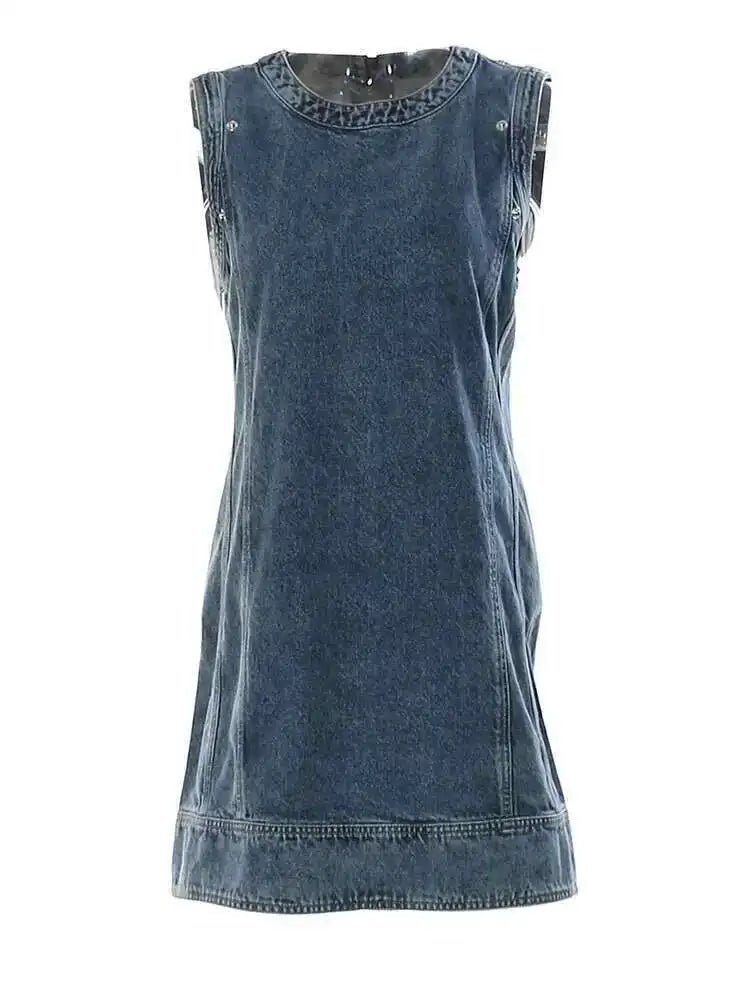 Women Blue Denim Button Many Ways Wear Dress New Round Neck Long Sleeve Loose Fit Fashion Tide Spring Autumn 2025 17A8518