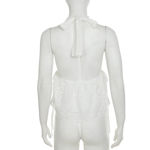 Load image into Gallery viewer, Y2K Aesthetics Jacquard Hollow Camis Women Summer Backless Vacation Halter Tops Lace Patchowork Hottie Clothes Trend
