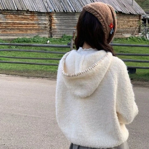 Load image into Gallery viewer, Y2k Aesthetic Streetwear Cartoon  Knitted Hooded Cardigan Fashion Casual Women Zipper Coats Japanese Sweet All Match Loose Tops
