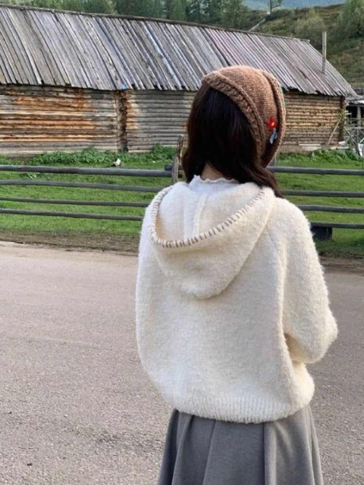 Y2k Aesthetic Streetwear Cartoon  Knitted Hooded Cardigan Fashion Casual Women Zipper Coats Japanese Sweet All Match Loose Tops
