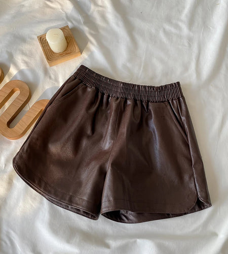 Korean Version Women Elastic High Waist New Black Pu Leather Short Pants Fashion Brown Wide Leg Shorts Autumn Winter Versatile