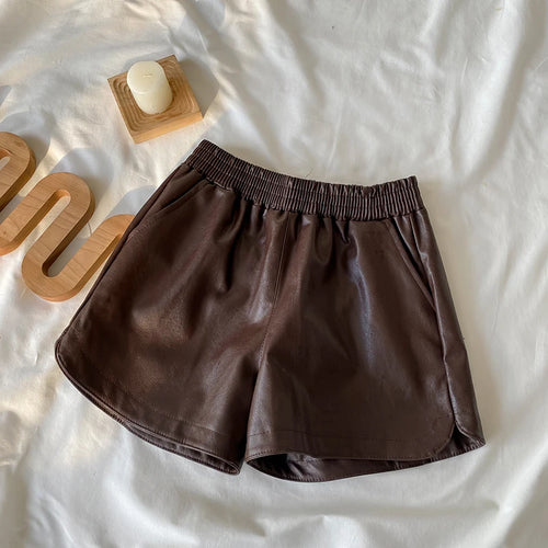 Load image into Gallery viewer, Korean Version Women Elastic High Waist New Black Pu Leather Short Pants Fashion Brown Wide Leg Shorts Autumn Winter Versatile
