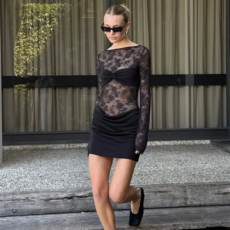 Lace See Through Ruched Sexy Mini Dress Women Elegant Patchwork Long Sleeve Strapless Backless Club Party Dress Female