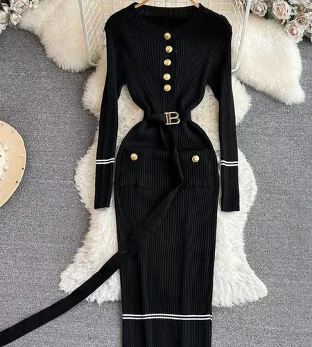 Korean Fashion Women's Stripe V Neck Elegant Slim Long Sleeved Dress Spring Vacation Single Breasted Office Knitted Dress Casual