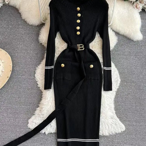 Load image into Gallery viewer, Korean Fashion Women's Stripe V Neck Elegant Slim Long Sleeved Dress Spring Vacation Single Breasted Office Knitted Dress Casual
