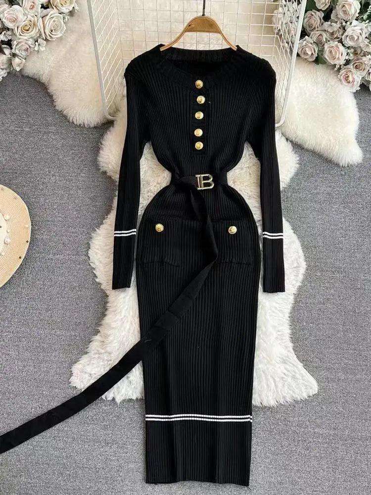 Korean Fashion Women's Stripe V Neck Elegant Slim Long Sleeved Dress Spring Vacation Single Breasted Office Knitted Dress Casual