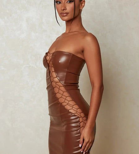 Hollow Out PU Leather Sexy Mini Dresses For Women Strapless Sleeveless Backless Bodycon Party Short Dress Vestido