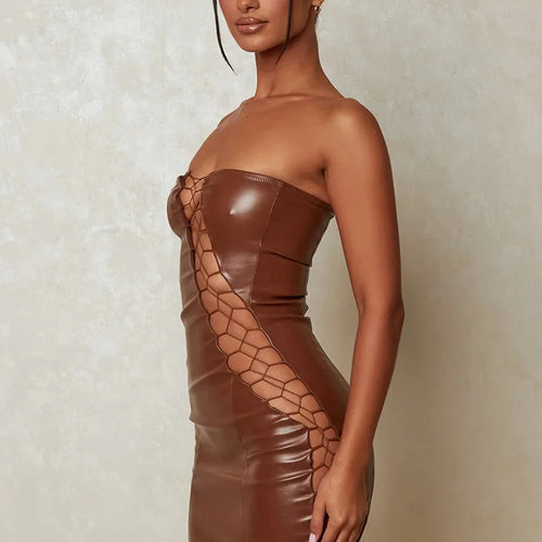 Load image into Gallery viewer, Hollow Out PU Leather Sexy Mini Dresses For Women Strapless Sleeveless Backless Bodycon Party Short Dress Vestido
