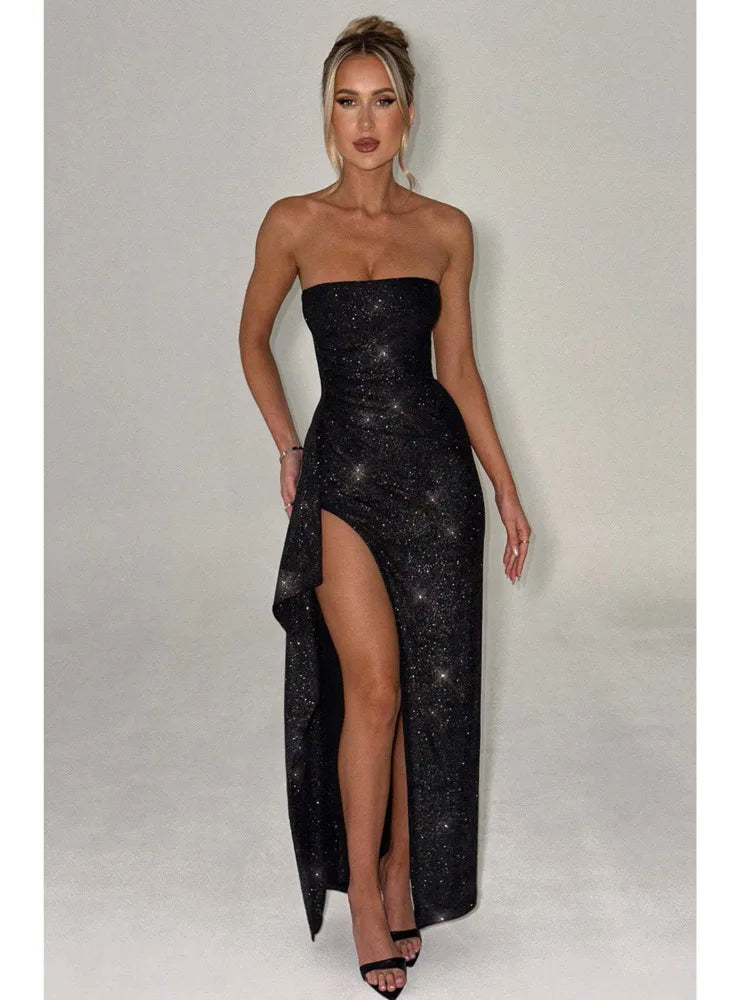 Elegant Strapless Bodycon High Slit Evening Gown Women Sexy Sleeveless Backless Tight Long Dress Slim Party Club Vestido