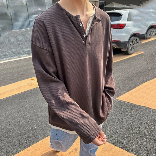 Load image into Gallery viewer, T-shirt Wrinkle Texture Long Sleeve Men&#39;s T-shirt Fashion Male Top Henry Collar Solid Color Casual Clothing 9C5224
