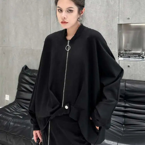 Load image into Gallery viewer, Black Irregular Hem Big Size Jacket New Stand Collar Long Sleeve Women Coat Fashion Tide Spring Autumn 2025 1DH1050
