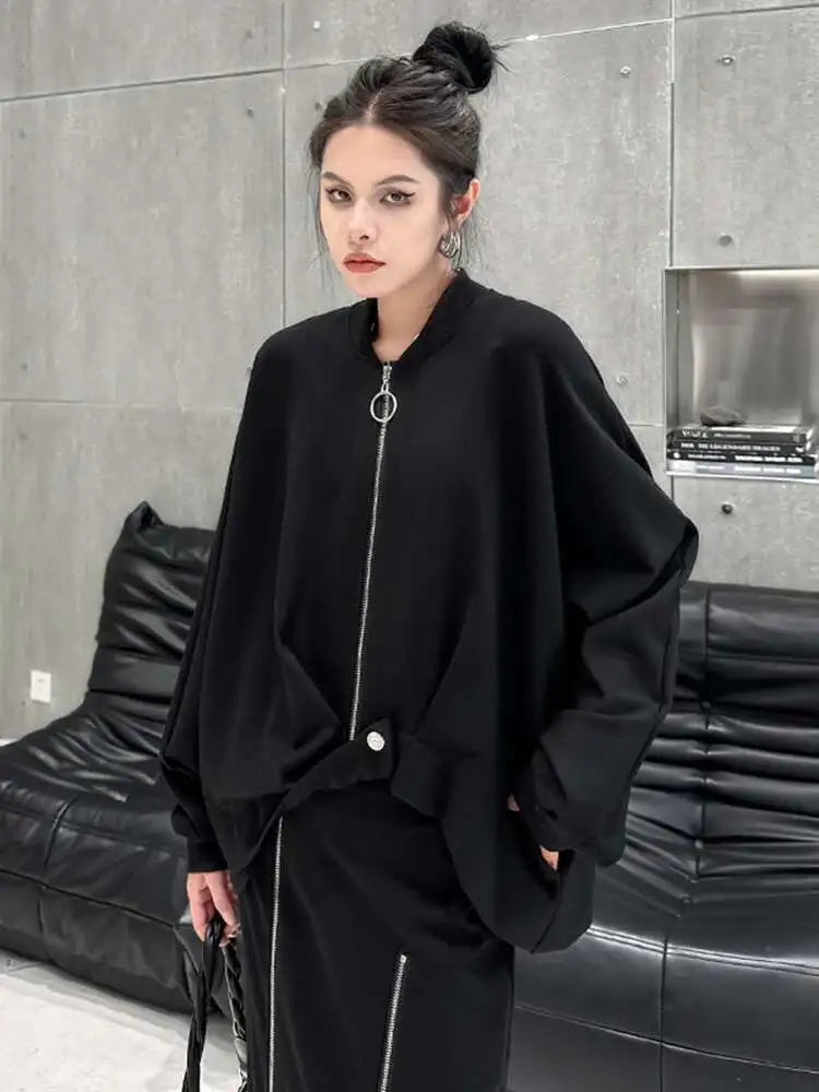 Black Irregular Hem Big Size Jacket New Stand Collar Long Sleeve Women Coat Fashion Tide Spring Autumn 2025 1DH1050