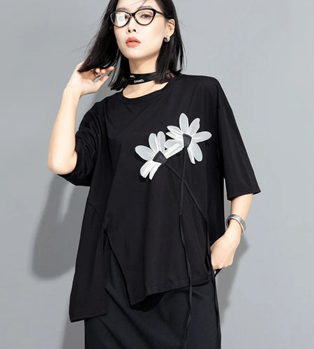 Women Black Flower Ribbon Big Size Casual T-shirt New Round Neck Short Sleeve Fashion Tide Spring Summer 2025 1DH9833