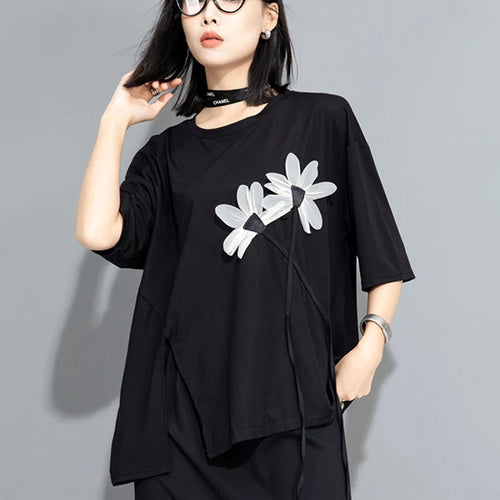 Load image into Gallery viewer, Women Black Flower Ribbon Big Size Casual T-shirt New Round Neck Short Sleeve Fashion Tide Spring Summer 2025 1DH9833
