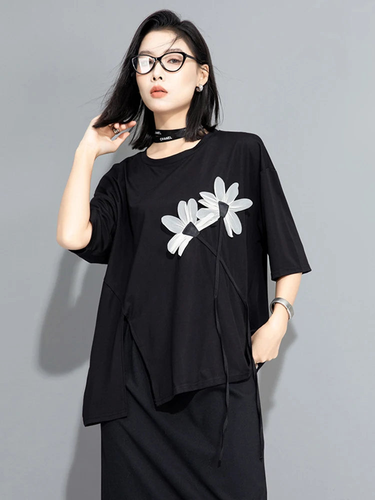 Women Black Flower Ribbon Big Size Casual T-shirt New Round Neck Short Sleeve Fashion Tide Spring Summer 2025 1DH9833