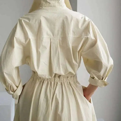 Load image into Gallery viewer, Women Beige Pleated Long Big Size Elegant Dress New Lapel Long Sleeve Loose Fit Fashion Tide Spring Autumn 2025 1DE91400
