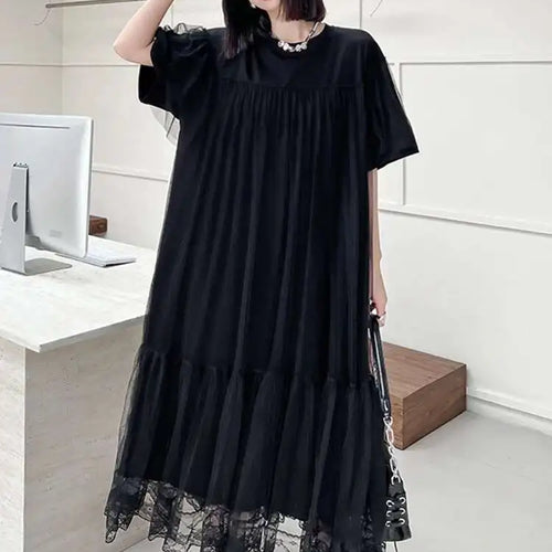 Load image into Gallery viewer, Women Black Mesh Spliced  Elegant Big Size Midi Dress New Round Neck Short Sleeve Fashion Tide Spring Summer 2025 1DH5056

