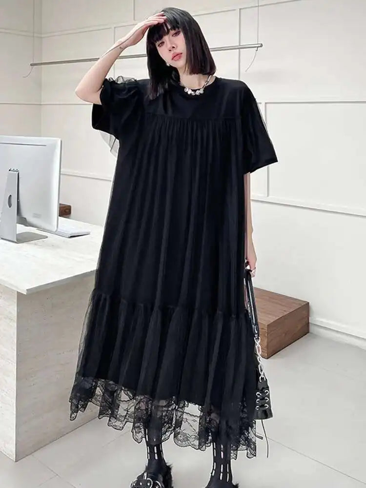 Women Black Mesh Spliced  Elegant Big Size Midi Dress New Round Neck Short Sleeve Fashion Tide Spring Summer 2025 1DH5056