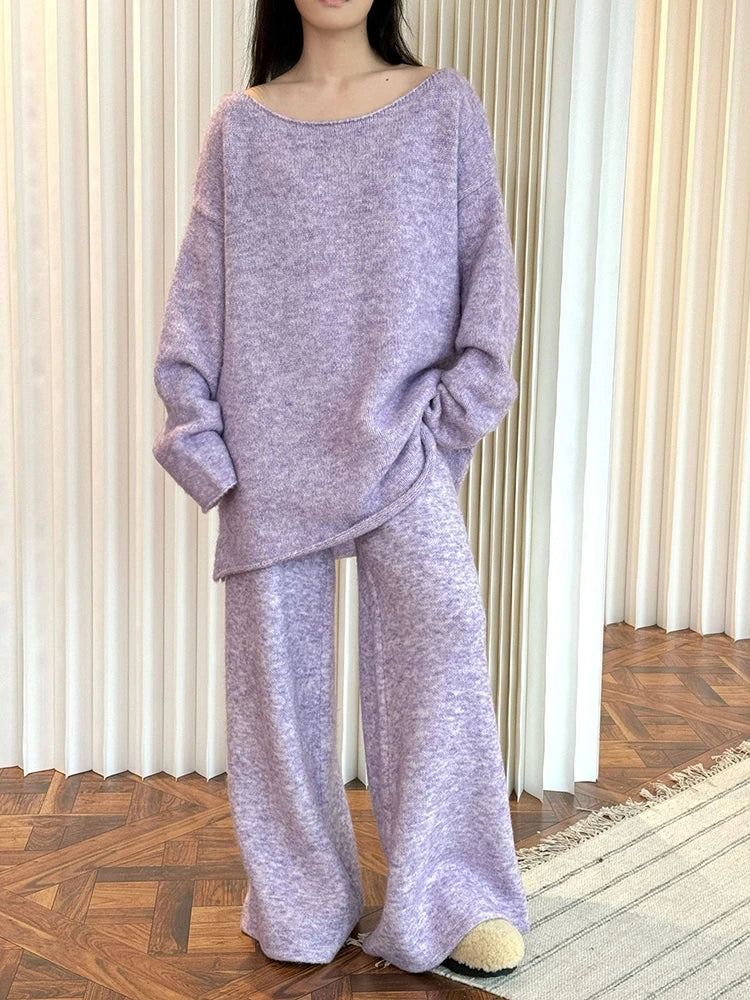 High Elastic Waist Purple Warm Knitting Long Wide Leg Pants New Trousers Women Fashion Tide Autumn Winter 2025 1DH9200