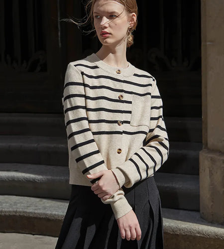 90's Crew Neck Striped Cropped Cardigan Women Sweater Fashion Single Breasted Y2K Preppy Style Knitted Korea Clothes C-002