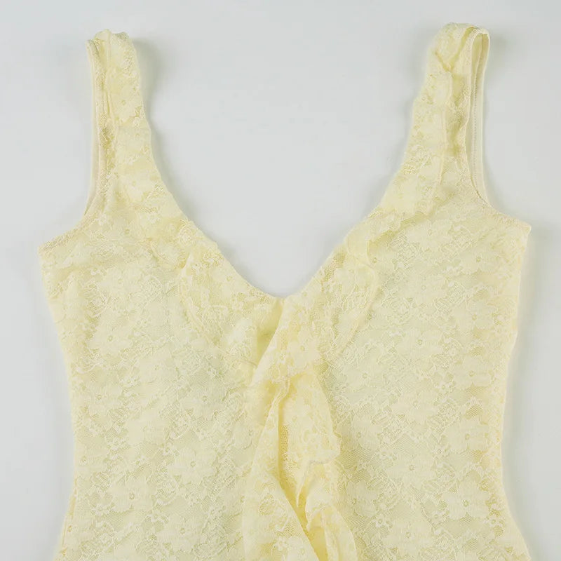 Lace Sleeveless Ruffle Sexy Mini Dress For Women Robe Elegant Deep V Neck Backless Bodycon Club Party Dress Vestido