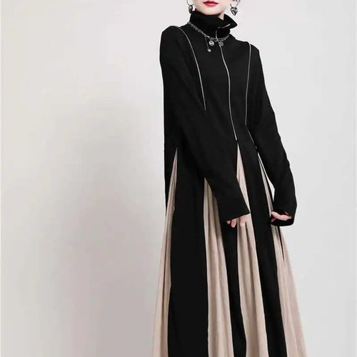 Load image into Gallery viewer, Women Black White Contrast Color Long Dress New Turtleneck Long Sleeve Loose Fit Fashion Tide Autumn Winter 2025  1DD2153
